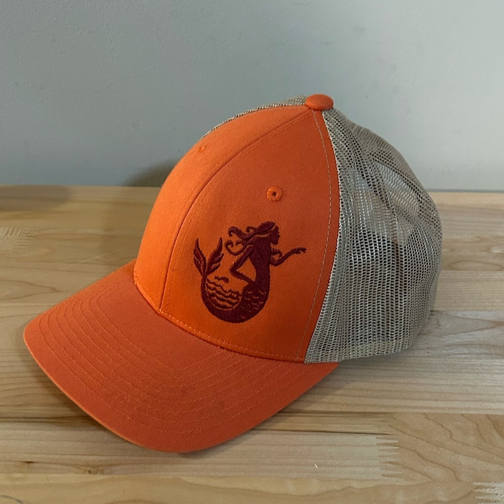 Yupoong Classic Mermaid Embroidered Orange Flexfit Trucker Mesh Cap Snapback Hat
